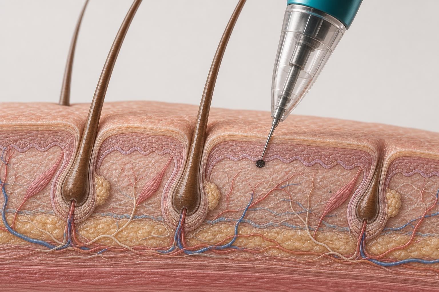 Sezione del cuoio capelluto: il micro-ago deposita il pigmento nel derma superficiale